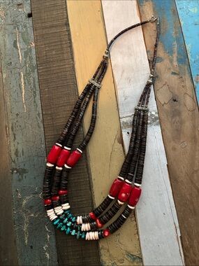 Handmade Multi-Strand Brown Necklace with Red & Turquoise Accents